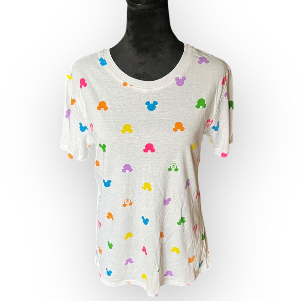 Disney Women's White with Multicolored Mickey Mouse Heads Print T-Shirt Size Med - Picture 9 of 9